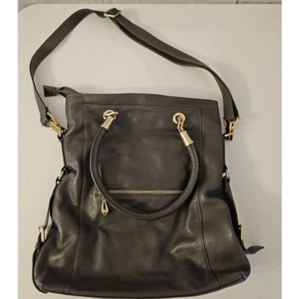 Charcoal Grey Pebbled Leather Tote Bag Gold Hardware Crossbody Large Handbag